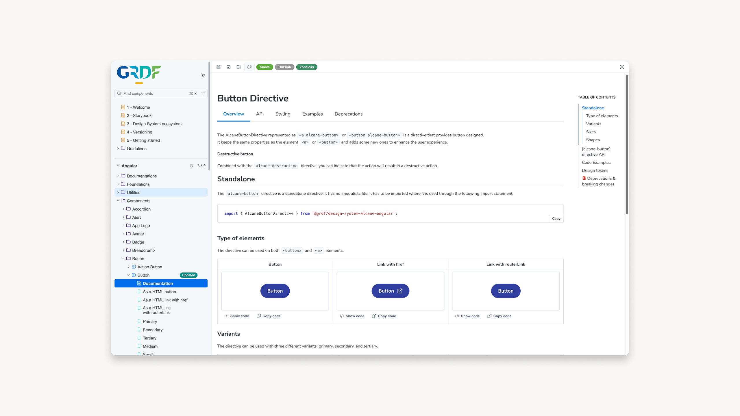 Alcane Design System — Vue principale